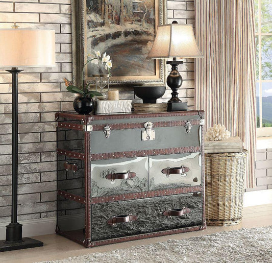 Aberdeen Sofa Table, Vintage Dark Brown Top Grain Leather & Stainless Steel