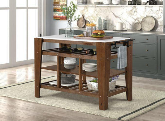 Alaroa Kitchen Island , Marble Top & Rustic Brown Finish