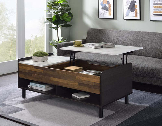 Axel Coffee Table w/Lift Top, Marble, Walnut & Black Finish