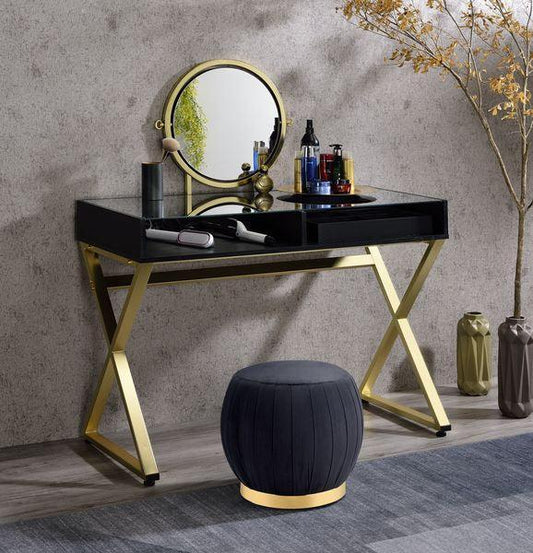 Coleen Vanity Desk w/Mirror & Jewelry Tray, Black & Gold Finish
