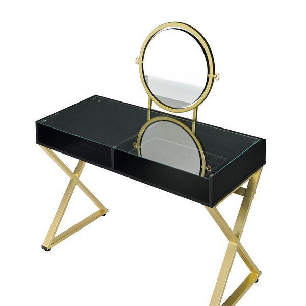 Coleen Vanity Desk w/Mirror & Jewelry Tray, Black & Gold Finish