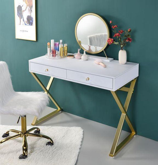 Coleen Vanity Desk w/Mirror & Jewelry Tray, White & Gold Finish
