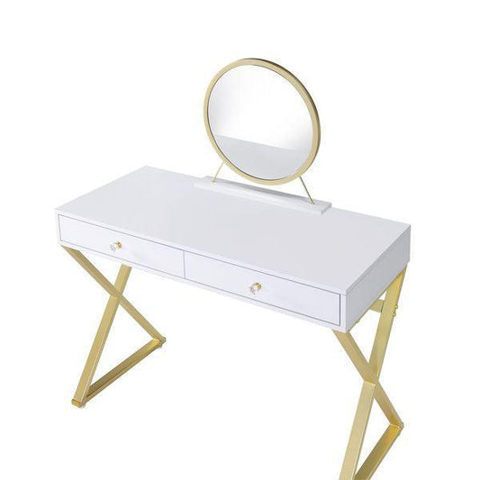 Coleen Vanity Desk w/Mirror & Jewelry Tray, White & Gold Finish