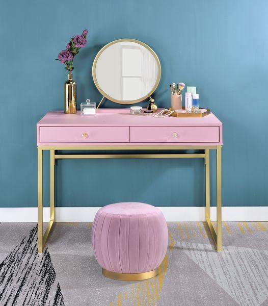 Coleen Vanity Desk w/Mirror & Jewelry Tray, Pink & Gold Finish