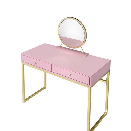 Coleen Vanity Desk w/Mirror & Jewelry Tray, Pink & Gold Finish