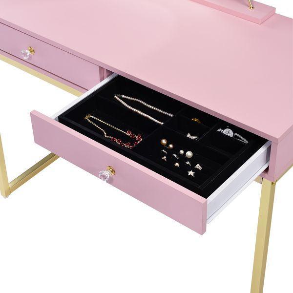 Coleen Vanity Desk w/Mirror & Jewelry Tray, Pink & Gold Finish
