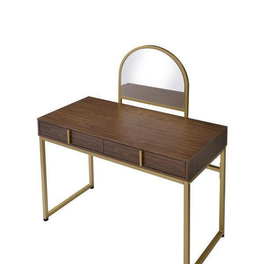 Coleen Vanity Desk w/Mirror & Jewelry Tray, Walnut & Gold