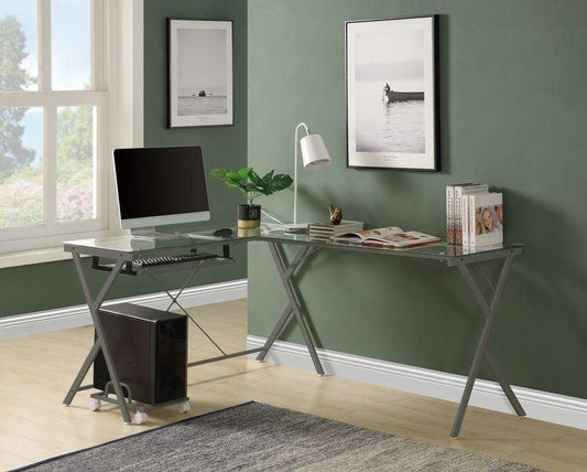 Demas Computer Desk, Clear Glass & Silver Finish