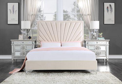 Faiz Eastern King Bed, Beige Velvet