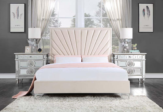 Faiz Queen Bed, Beige Velvet