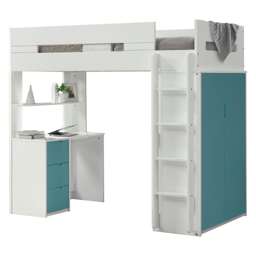 Nerice Twin Loft Bed, White & Teal