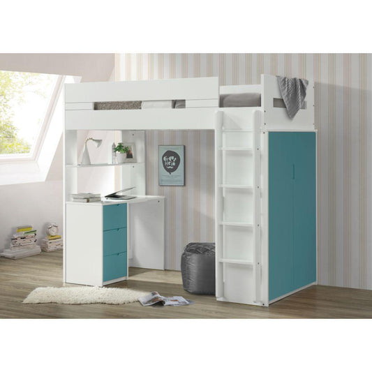 Nerice Twin Loft Bed, White & Teal
