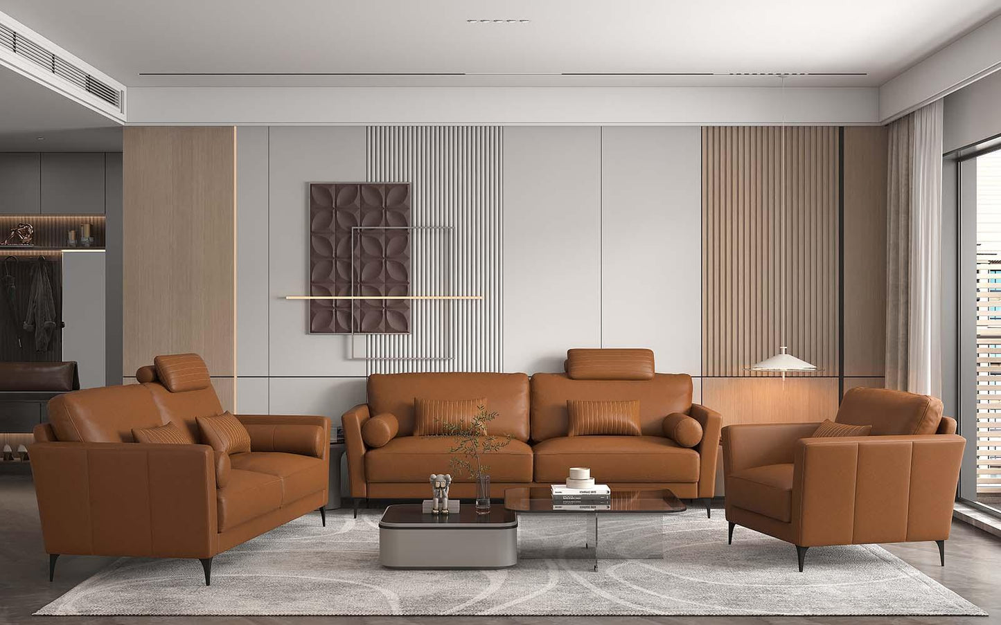 Tussio Sofa w/5 Pillows, Saddle Tan Leather