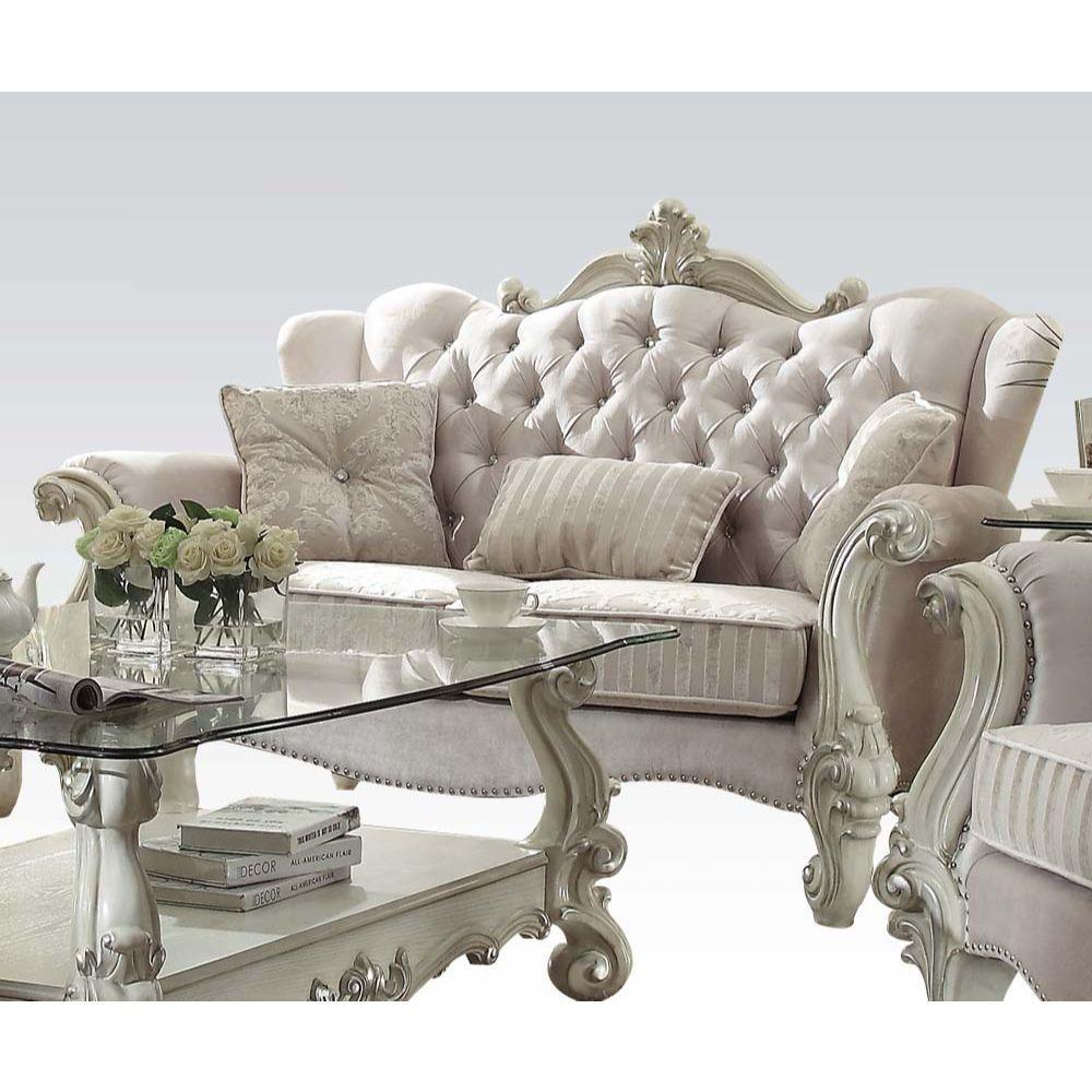Versailles Loveseat w/3 Pillows, Ivory Fabric & Bone White