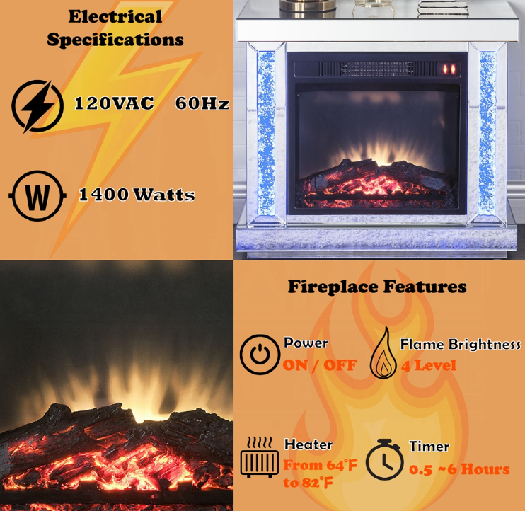 Noralie Fireplace w/ LED, Mirrored & Faux Diamonds