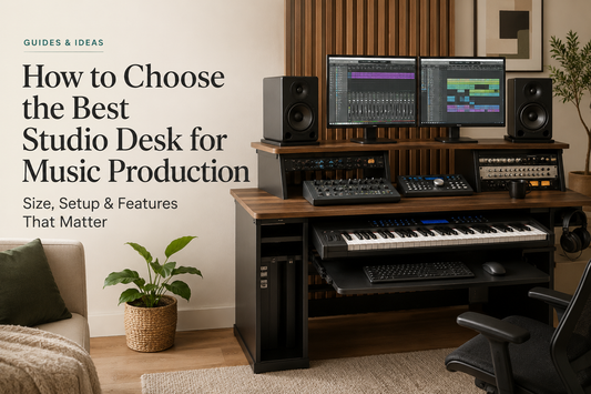 Music production studio desk with MIDI keyboard, studio monitors, computer displays and audio equipment