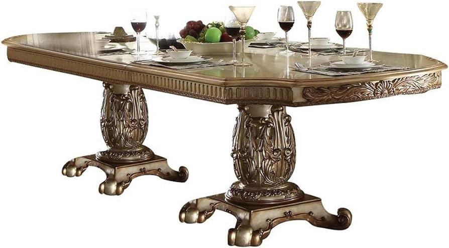 ACME Vendome Dining Table w/Double Pedestal, Gold Patina & Bone 120" 63000