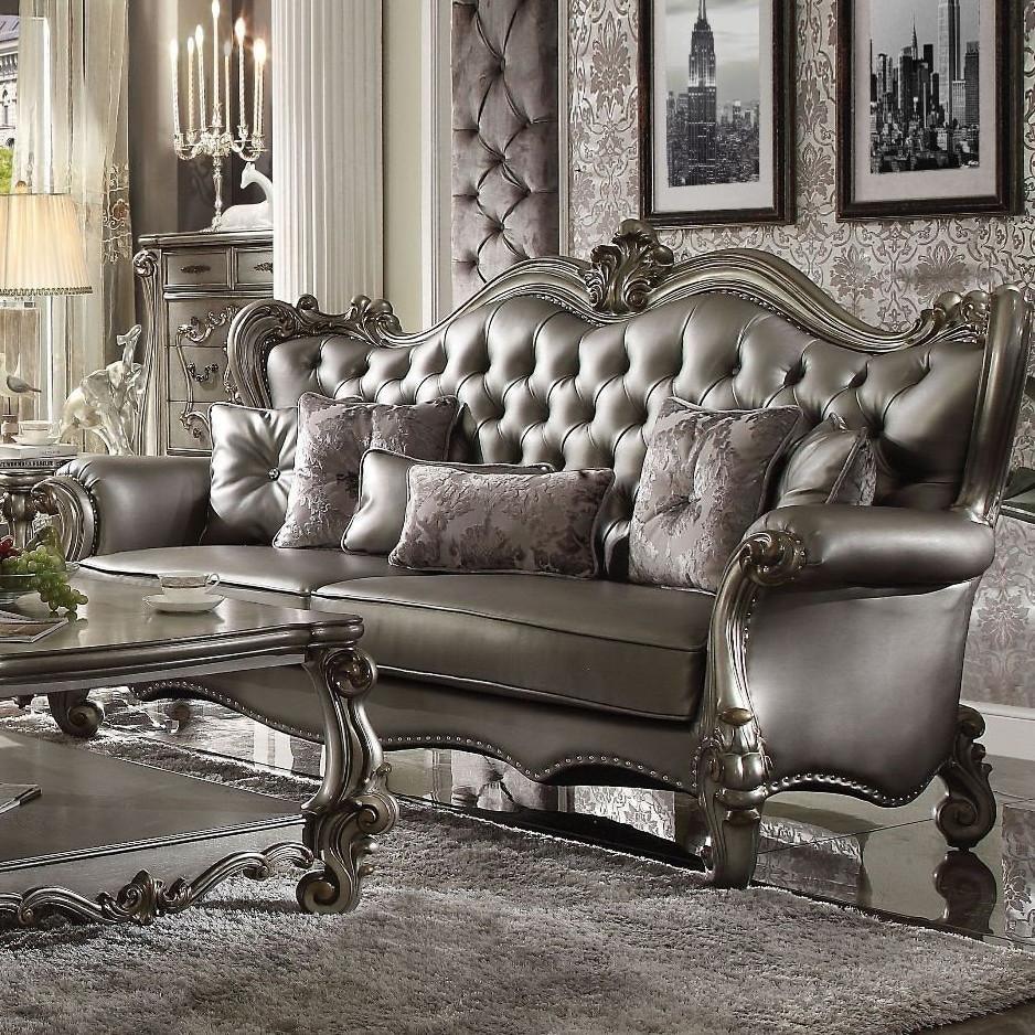 ACME Versailles Sofa w/6 Pillows, Silver PU & Antique Platinum