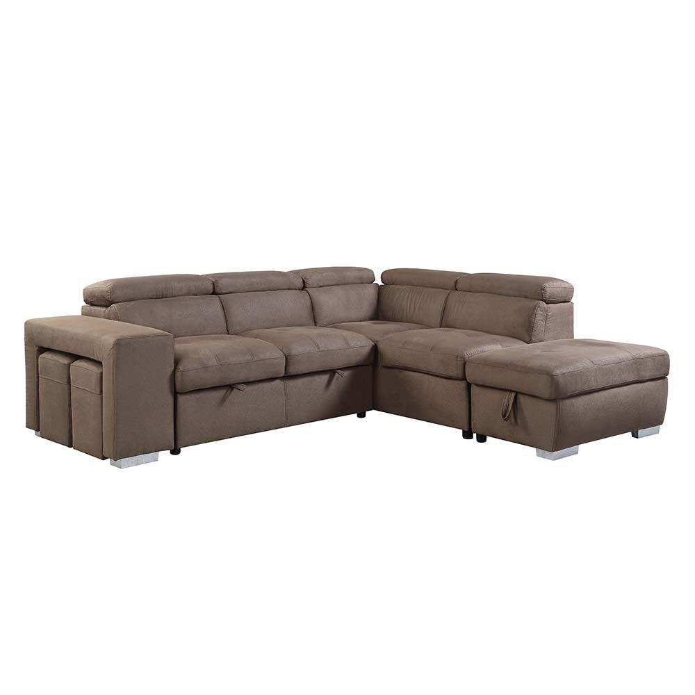 ACME Acoose Sleeper Sectional Sofa w/2 Pullout Stools, Brown Fabric