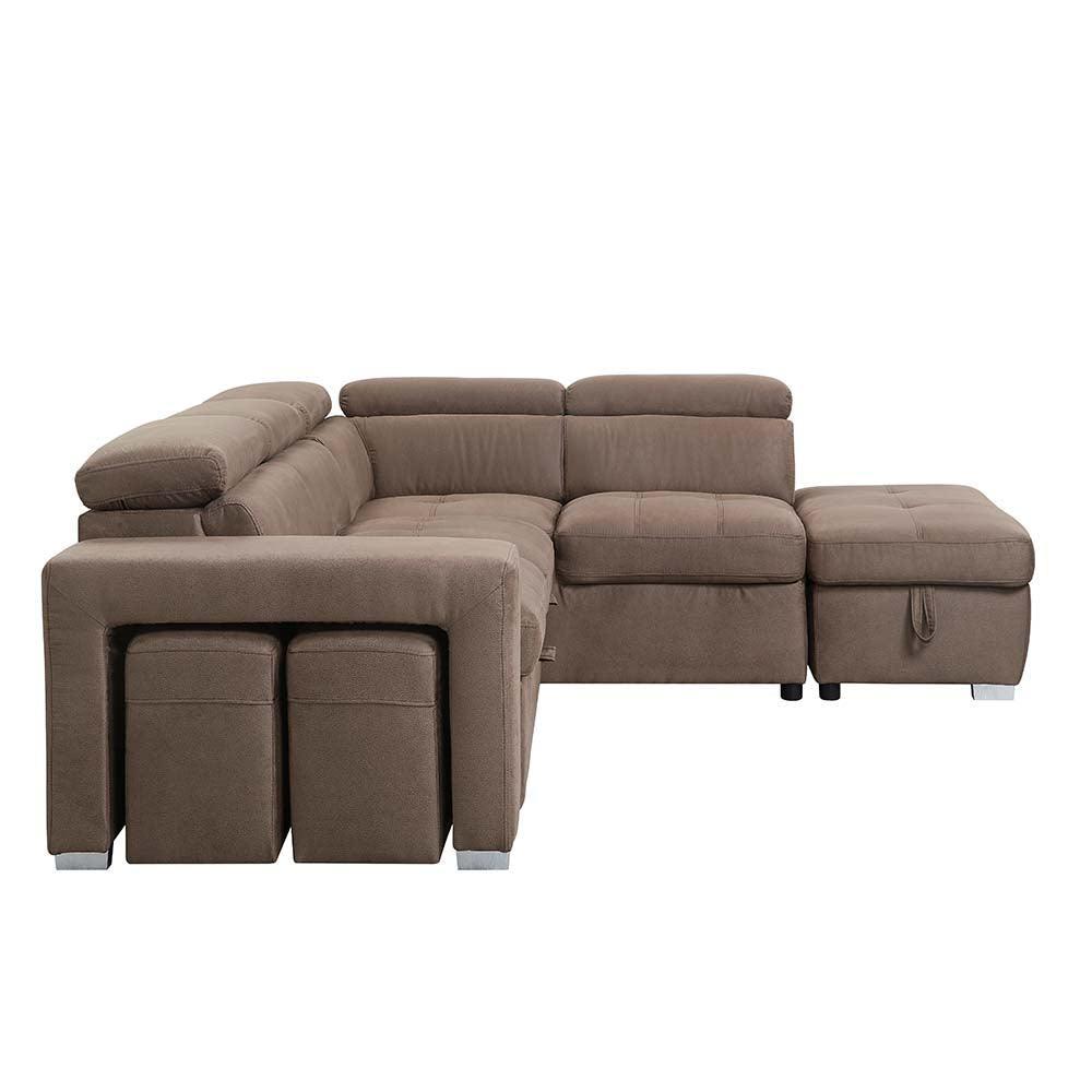 ACME Acoose Sleeper Sectional Sofa w/2 Pullout Stools, Brown Fabric