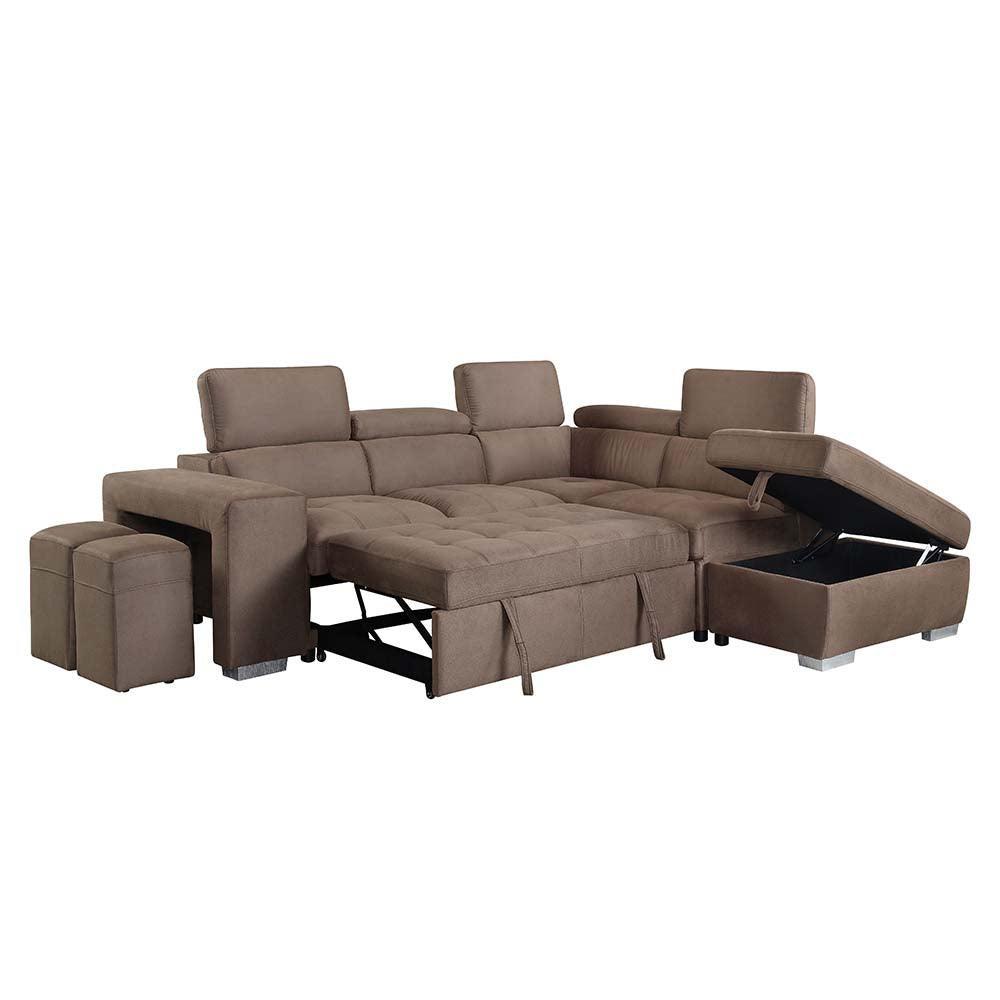 ACME Acoose Sleeper Sectional Sofa w/2 Pullout Stools, Brown Fabric