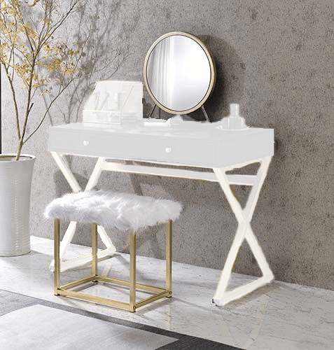 ACME Adao Vanity Mirror & Stool, Faux Fur, Mirror, Black & Brass Finish