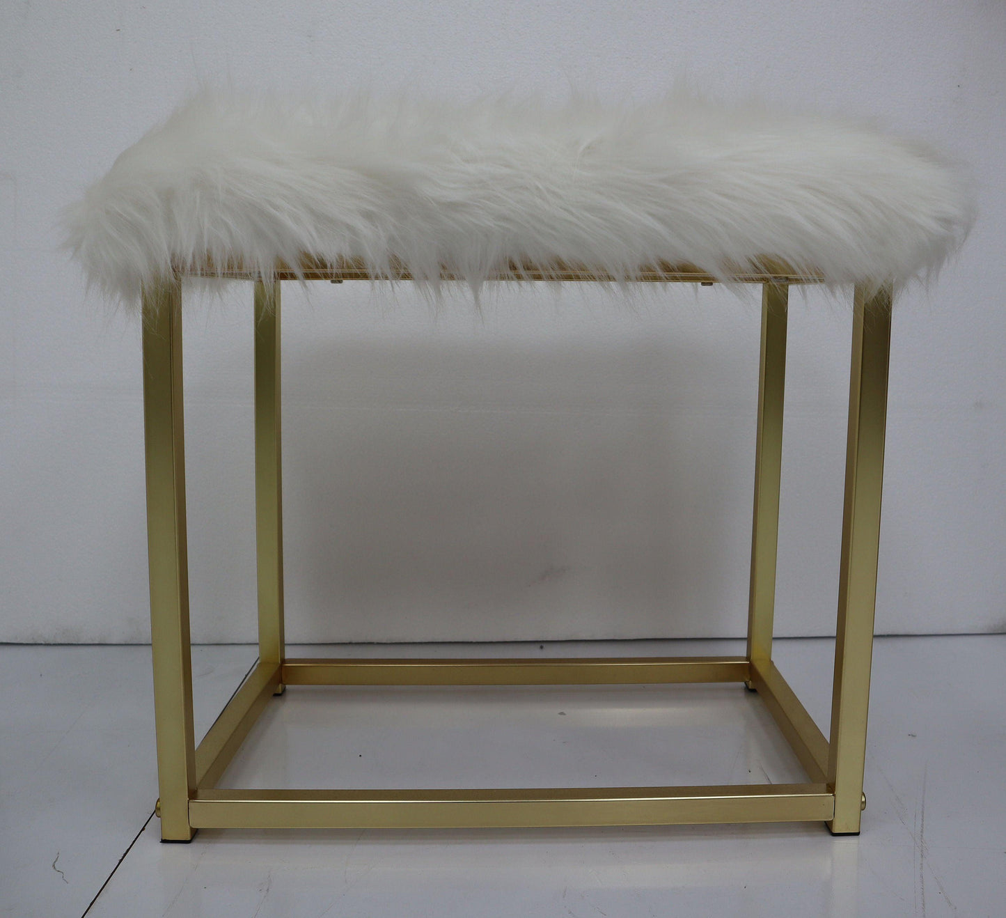 ACME Adao Vanity Mirror & Stool, Faux Fur, Mirror, Black & Brass Finish