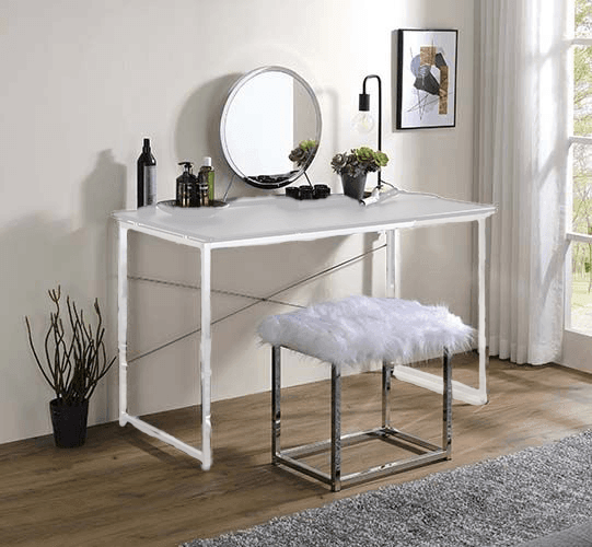 ACME Adao Vanity Mirror & Stool, Faux Fur, Mirror, Black & Chrome Finish