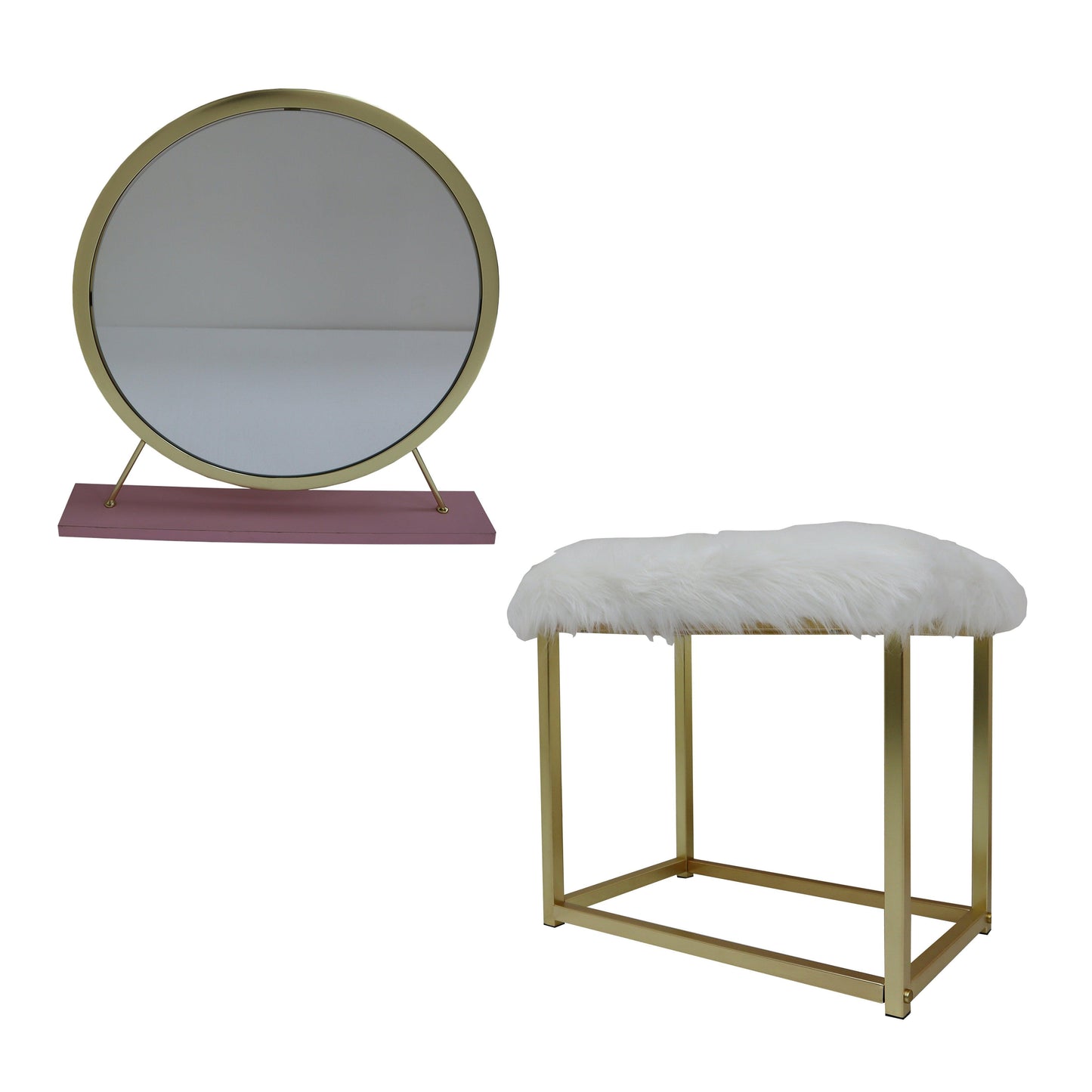 ACME Adao Vanity Mirror & Stool, Faux Fur, Mirror, Pink & Gold Finish