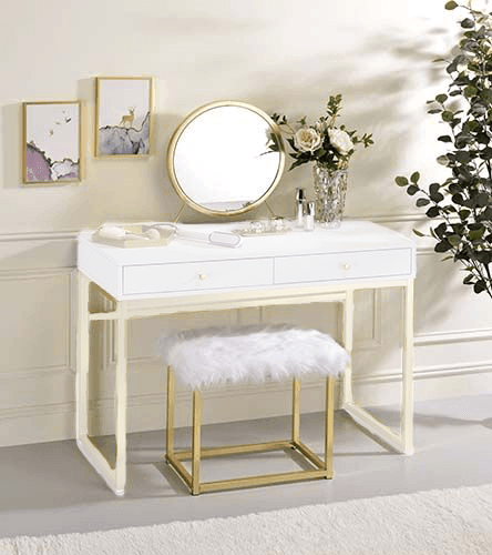 ACME Adao Vanity Mirror & Stool, Faux Fur, Mirror, White & Brass Finish