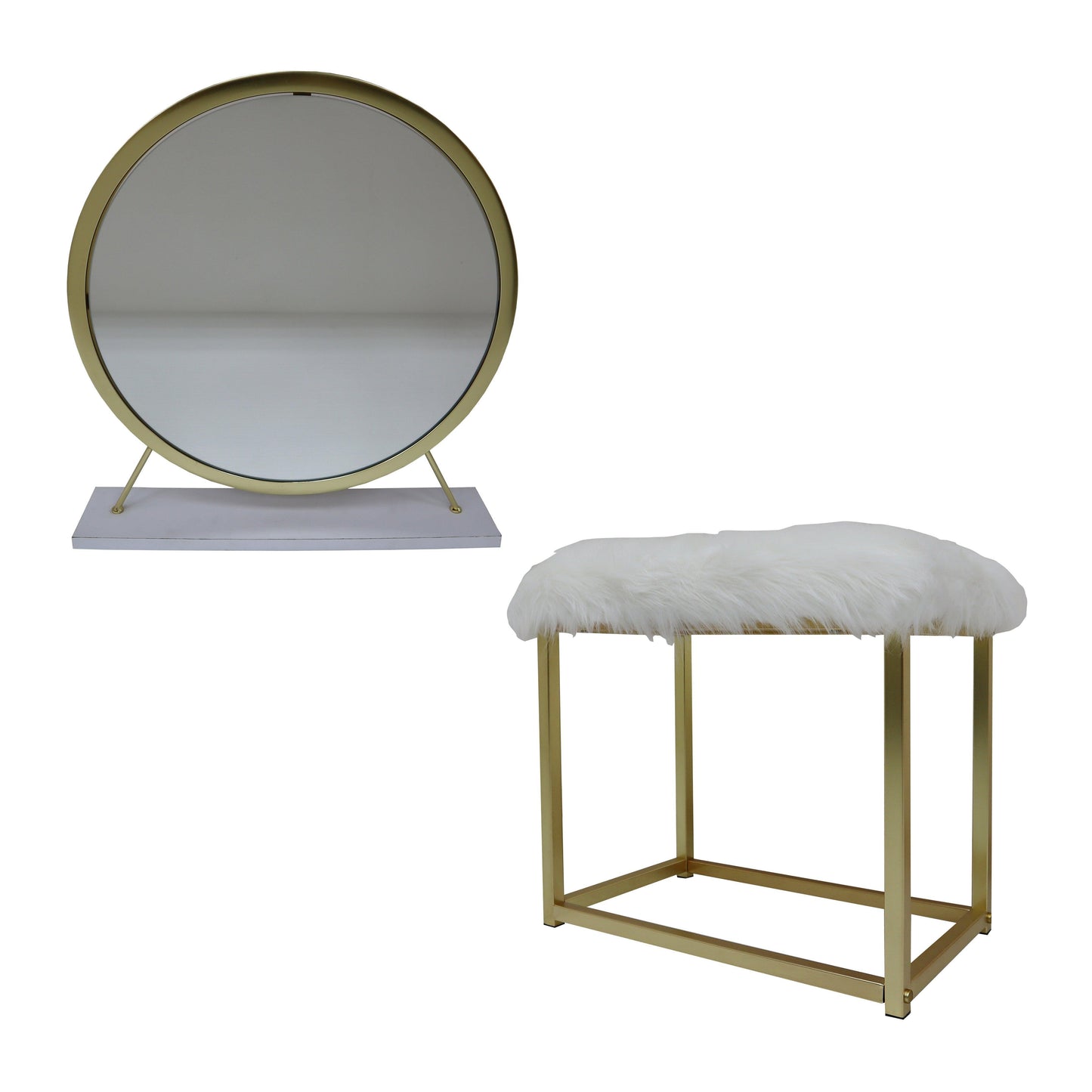 ACME Adao Vanity Mirror & Stool, Faux Fur, Mirror, White & Brass Finish