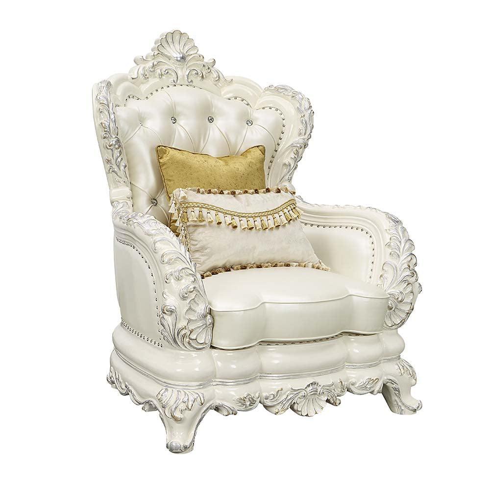 ACME Adara Chair w/2 Pillows, White PU & Antique White Finish