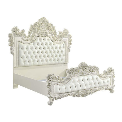 ACME Adara Eastern King Bed, White PU & Antique White Finish