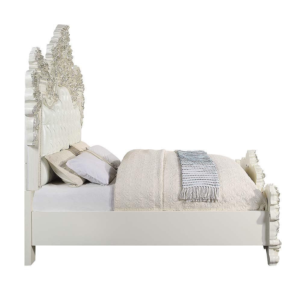 ACME Adara Eastern King Bed, White PU & Antique White Finish