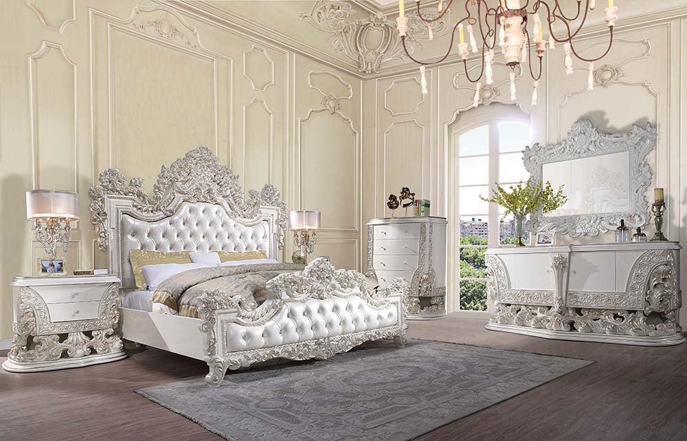 ACME Adara Eastern King Bed, White PU & Antique White Finish