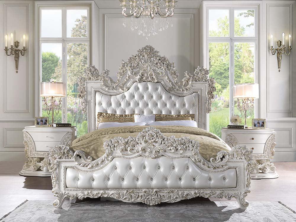 ACME Adara Eastern King Bed, White PU & Antique White Finish