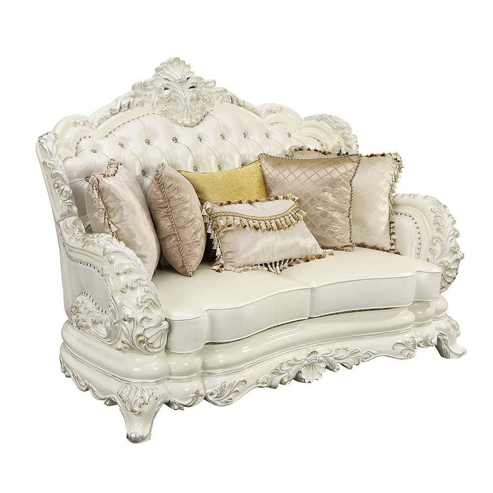 ACME Adara Loveseat w/5 Pillows, White PU & Antique White Finish