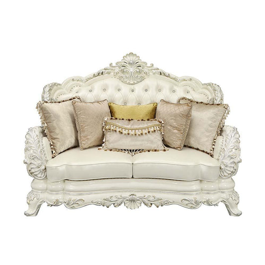 ACME Adara Loveseat w/5 Pillows, White PU & Antique White Finish