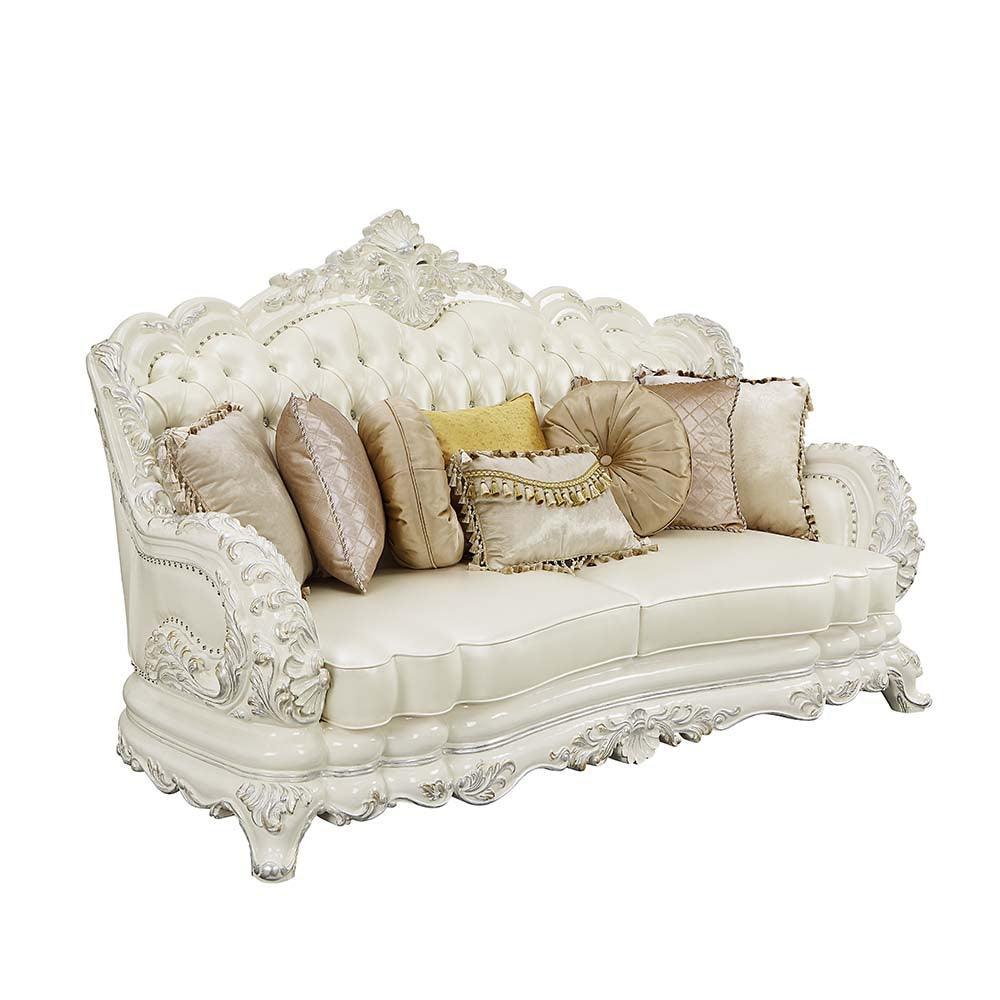 ACME Adara Sofa w/7 Pillows, White PU & Antique White Finish