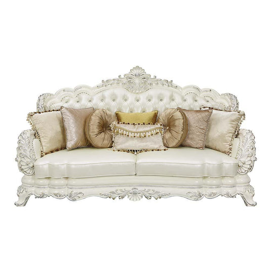 ACME Adara Sofa w/7 Pillows, White PU & Antique White Finish