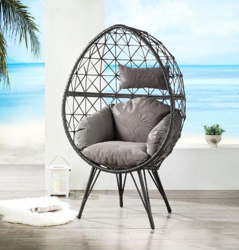 ACME Aeven Patio Lounge Chair, Light Gray Fabric & Black Wicker