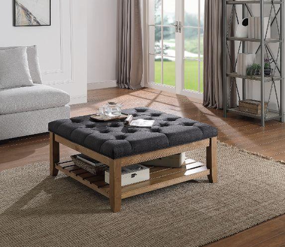 ACME Aizen Cocktail Ottoman, Dark Gray Fabric & Weathered Oak Finish