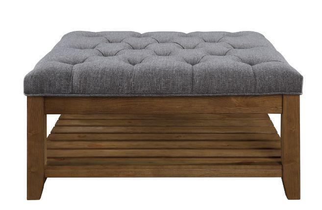 ACME Aizen Cocktail Ottoman, Gray Fabric & Weathered Oak Finish