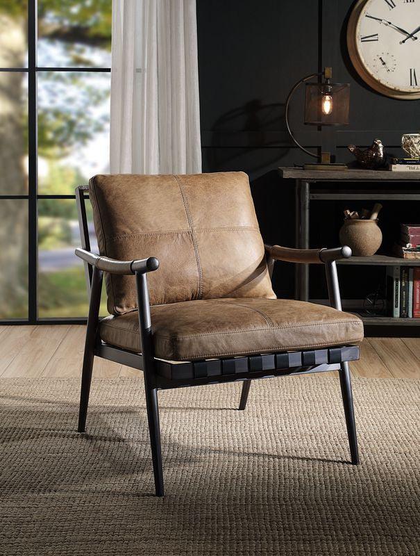 ACME Anzan Accent Chair, Berham Chestnut Top Grain Leather & Matt Iron Finish