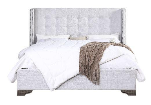 ACME Artesia California King Bed, Tan Fabric & Salvaged Natural Finish