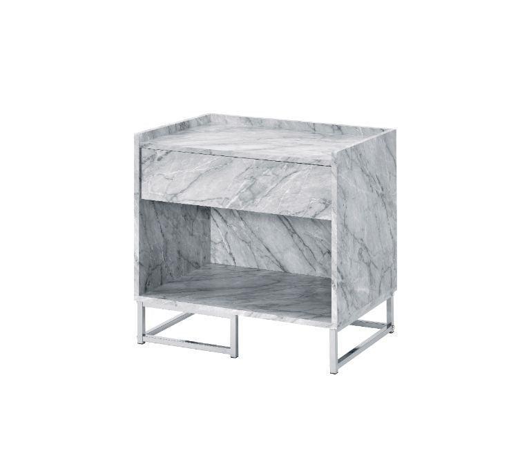 Azrael Accent Table, White Printed Faux Marble & Chrome Finish