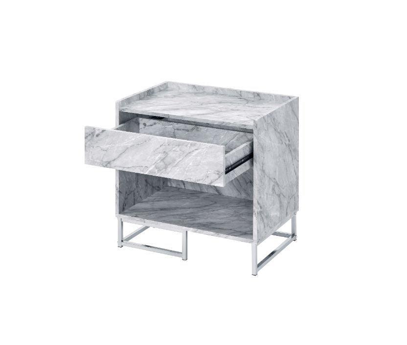 Azrael Accent Table, White Printed Faux Marble & Chrome Finish