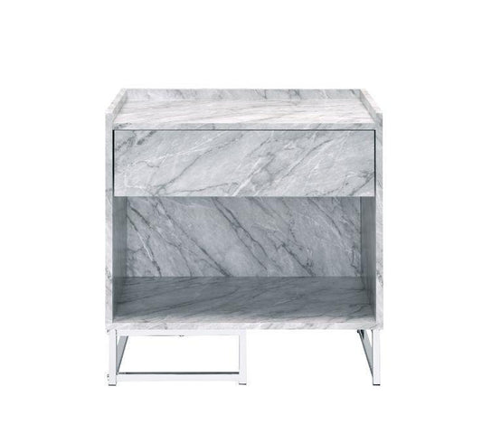 Azrael Accent Table, White Printed Faux Marble & Chrome Finish