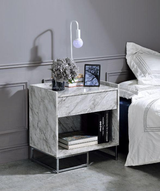 Azrael Accent Table, White Printed Faux Marble & Chrome Finish
