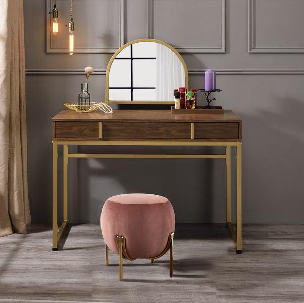 Coleen Vanity Desk w/Mirror & Jewelry Tray, Walnut & Gold